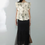 Blouse pintuck lengan suar cetakan bunga