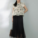Blouse pintuck lengan suar cetakan bunga