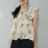 Blouse pintuck lengan suar cetakan bunga
