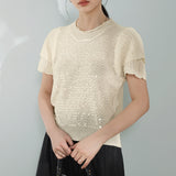 Round Neck Glitter Decor Double Sleeve Knit - 3 Colors Available