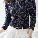 Elegant Floral Print Mock Neck T-Shirt