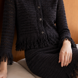 Elegant Lapel Hollow Tassel Knit Set