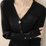Elegant Asymmetrical V-Neck Long-Sleeve Knit Top