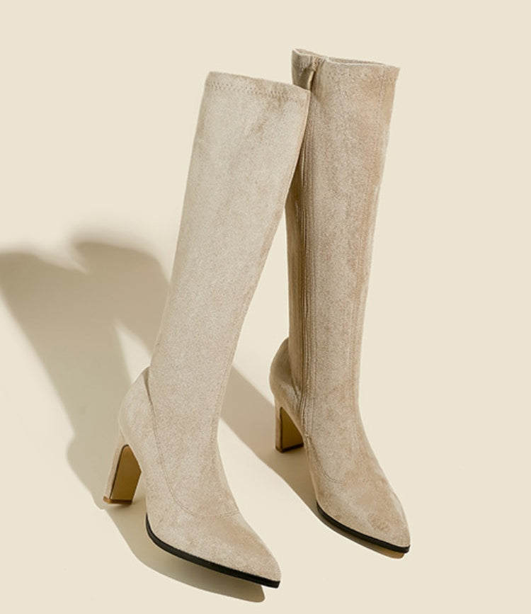 Suede pointed-toe chunky heel over-the-knee boots. - liwisi