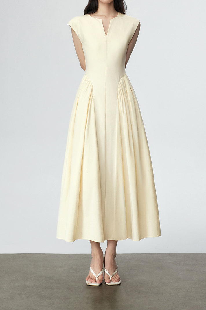 Key Neck Side Gathered Long Flare Dress with Lining - liwisi