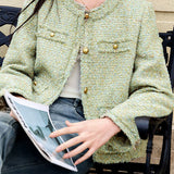 French Elegant Crew Neck Tweed Woven Long Sleeve Jacket