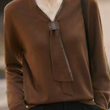 Elegant Commuter V‑Neck Ribbon Long‑Sleeve Knit Sweater