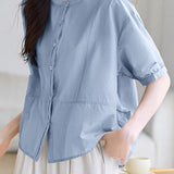 French Elegant Mandarin Collar Short Sleeve Blouse