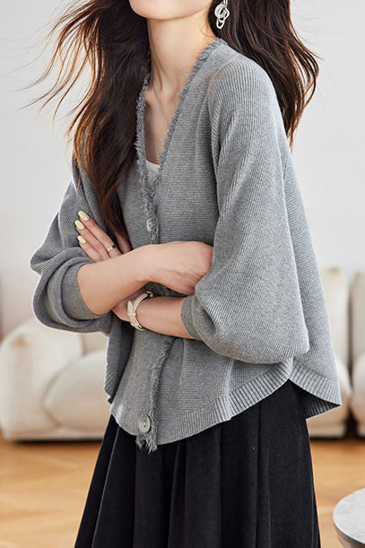 Casual Batwing Sleeve Fringed Knit Cardigan - liwisi