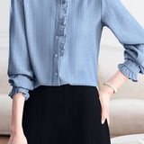 Elegant Vertical Shimmer Stripe Ruffled Blouse