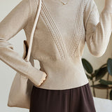 Simple Retro High-Waisted Slim-Fit Cable-Knit Round-Neck Long-Sleeve Sweater