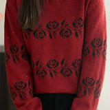 Casual Vintage Hot‑Fix Rhinestone Floral Jacquard Sweater
