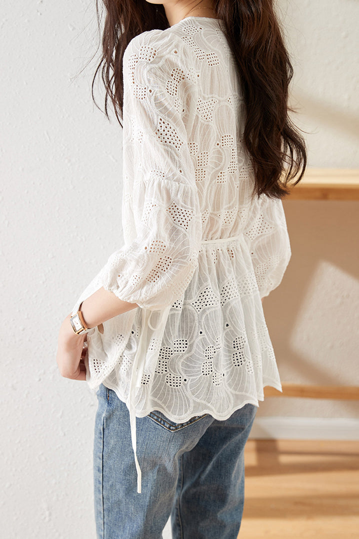 フラワー刺繡カシュクールペプラムブラウス - liwisi