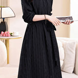 Elegant Commuter Stand Collar Tie Waist Long-Sleeve Dress