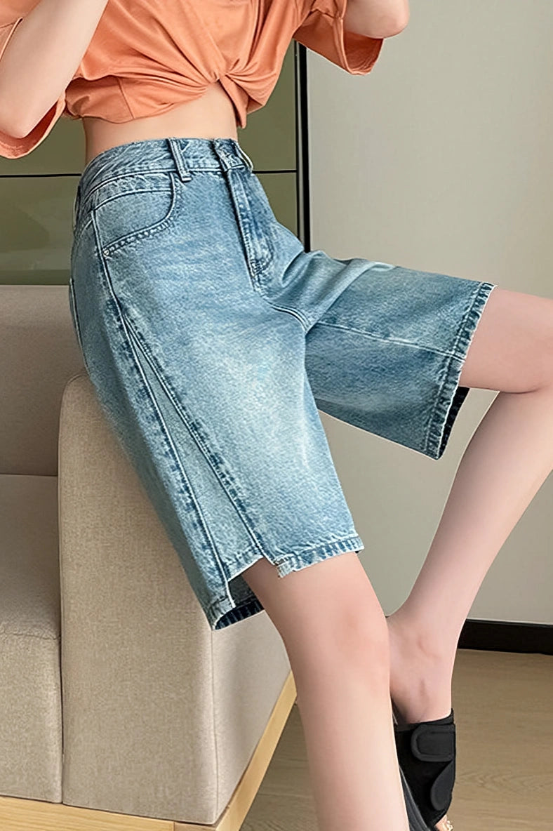 Casual High Waist Denim Capri Pants - liwisi