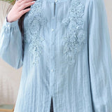 Elegant Date‑Style Crew Neck Lace Applique Puff Sleeve Shirt