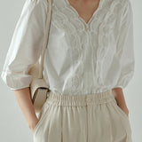 Scalloped V-Neck Embroidered Lace Contrast Puff Blouse