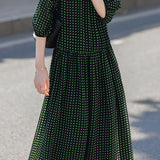 Elegant Gathered Crew Neck Printed Three-Quarter Sleeve Dress