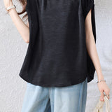 Exquisite Elegant Crew Neck Button Acetate Satin Raglan Sleeve Blouse