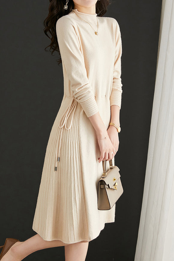 Off Neck Drawstring Flare Knit Dress - 3 Colors Available - liwisi