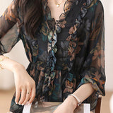 Exquisite Commuter Flared Sleeve Ruffled Waist-Cinched Chiffon Blouse