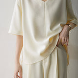 Two-Piece Set: Effortless V-Neck Drop Shoulder T-Shirt + Side Pocket Long Slacks Pants