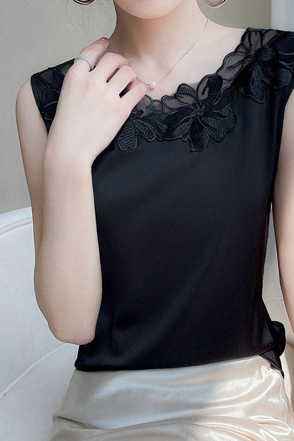 Round Neck Embroidered Lace Contrast Satin Vest - 3 Colors Available - liwisi