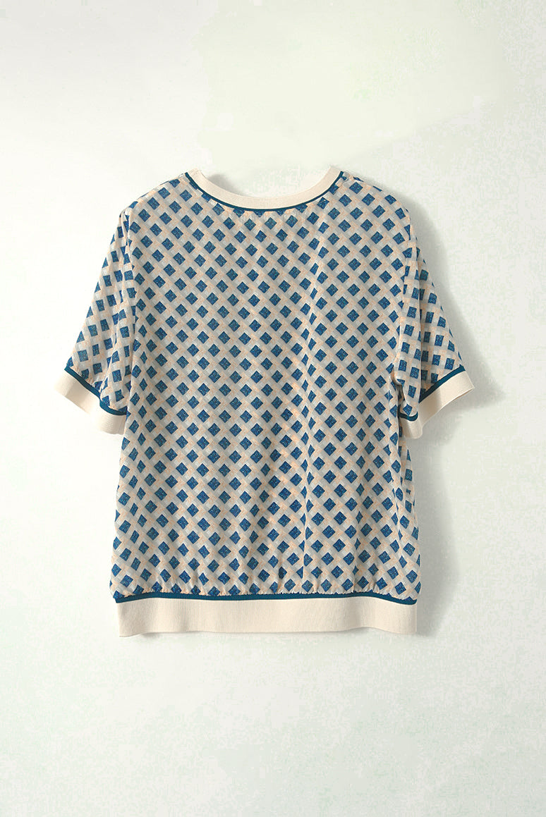 ラウンドネック多色ひし形Tシャツ - liwisi