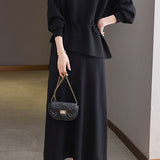 Elegant Round Neck Tie Long Sleeve Knit Top & Elastic Waist Midi Skirt Set