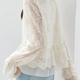 Elegant Date Ruffled Stand Collar Long‑Sleeve Lace Blouse