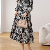 Elegant Commuter V‑Neck Floral Waist‑Defined Long‑Sleeve Dress