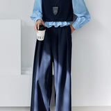 Elegant Commuter Crew Neck Color‑Block Spliced Top Wide‑Leg Pants Set