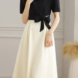 Bi-Color Square Neck Tie-Belted Flare Dress with Lining