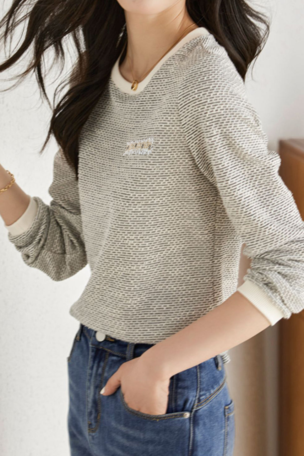 シャネル風ラウンドネックポケット装飾ニットトップス - liwisi