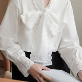 Bow Tie Collar Lace Contrast Feminine Blouse