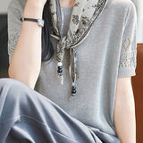 Casual Round Neck Scarf Decor Short Sleeve Knit Sweater