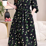 Elegant Ruffled Floral Drawstring Dress