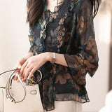 Exquisite Commuter Flared Sleeve Ruffled Waist-Cinched Chiffon Blouse