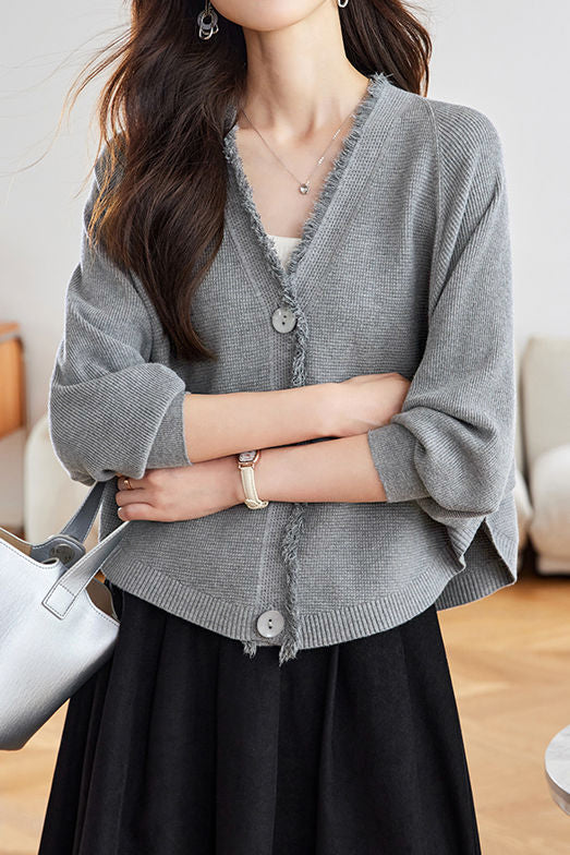 Casual Batwing Sleeve Fringed Knit Cardigan - liwisi