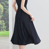 Casual Contrast Topstitch Waist-Cinched Denim Dress