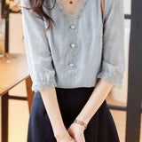 V-Neck Star Pattern Lace Hem Short Sleeve Blouse with Lining