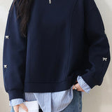 Casual Youthful Crew Neck Striped Spliced Fake‑Two‑Piece Long‑Sleeve Sweatshirt