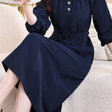 Elegant Commuter Midi Crew Neck Dress With Buttons & Waist Tie