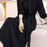Elegant Commuter Stand Collar Tie Waist Long-Sleeve Dress