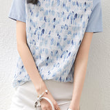 Round Neck Art Print Jacquard Check Contrast T-Shirt with Lining