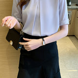 V-Neck Front Tuck-In Short Sleeve Blouse - 2 Colors Available
