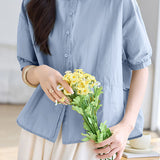 French Elegant Mandarin Collar Short Sleeve Blouse