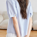 Elegant Commuter Striped Lace Crew Neck Waist-Cinched Ruched Short-Sleeve Blouse