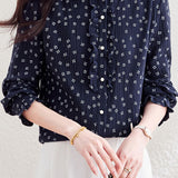 Exquisite Commuter Ruffled Floral Stand Collar Long Sleeve Blouse