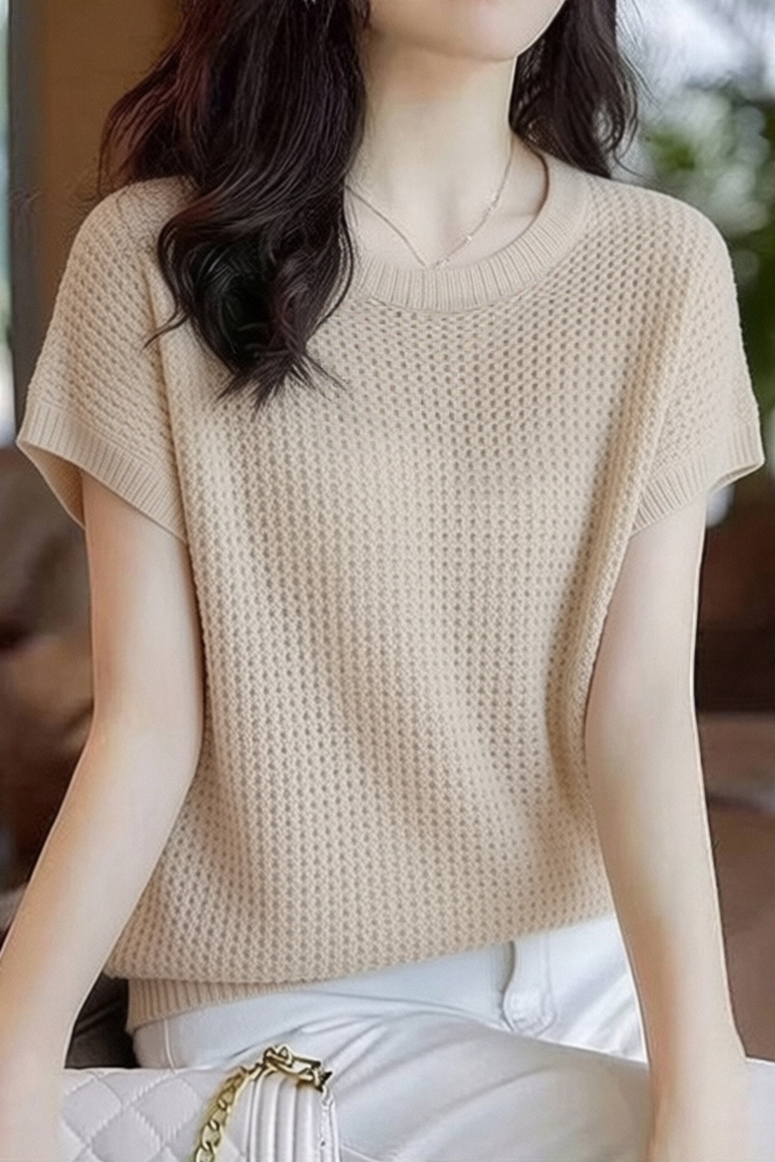 Casual Crew Neck Hollow Knit Sweater - liwisi